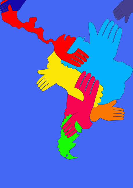 Peinture : des mains de couleurs différentes prennent la forme du continent sud-américain